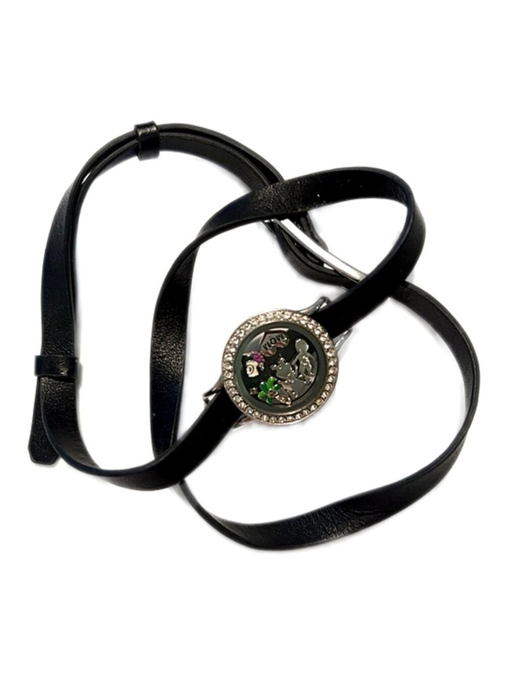 Origami Owl Jewelry Black Leather Double Wrap Bracelet 4 Charms Silver Tone